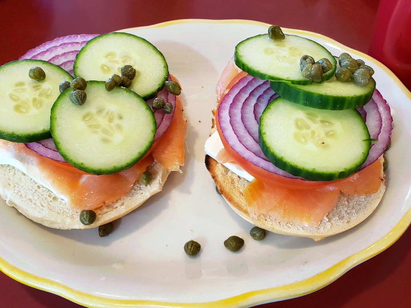 Lox bagel with cucumber and capers