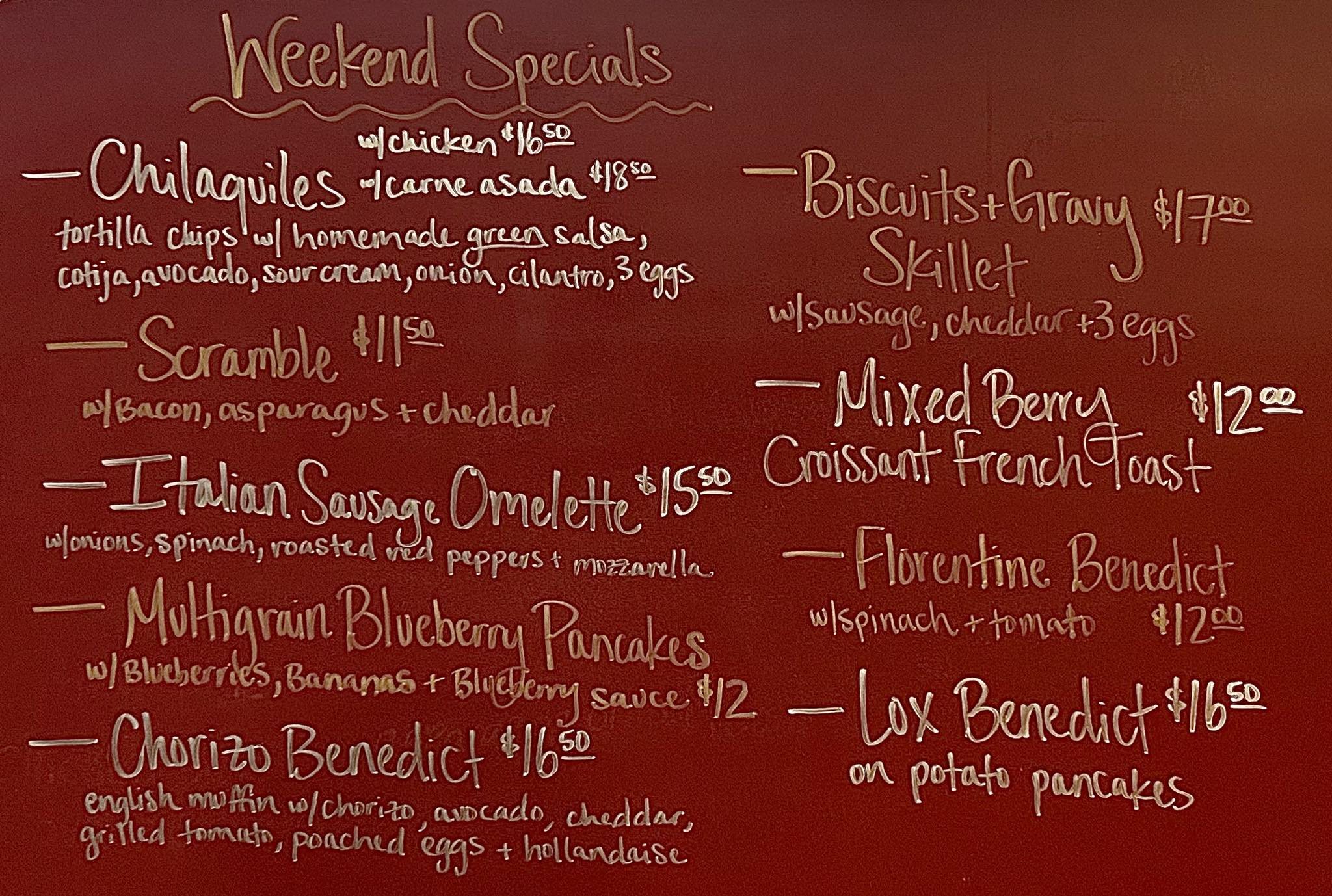This weekend's specials chalkboard